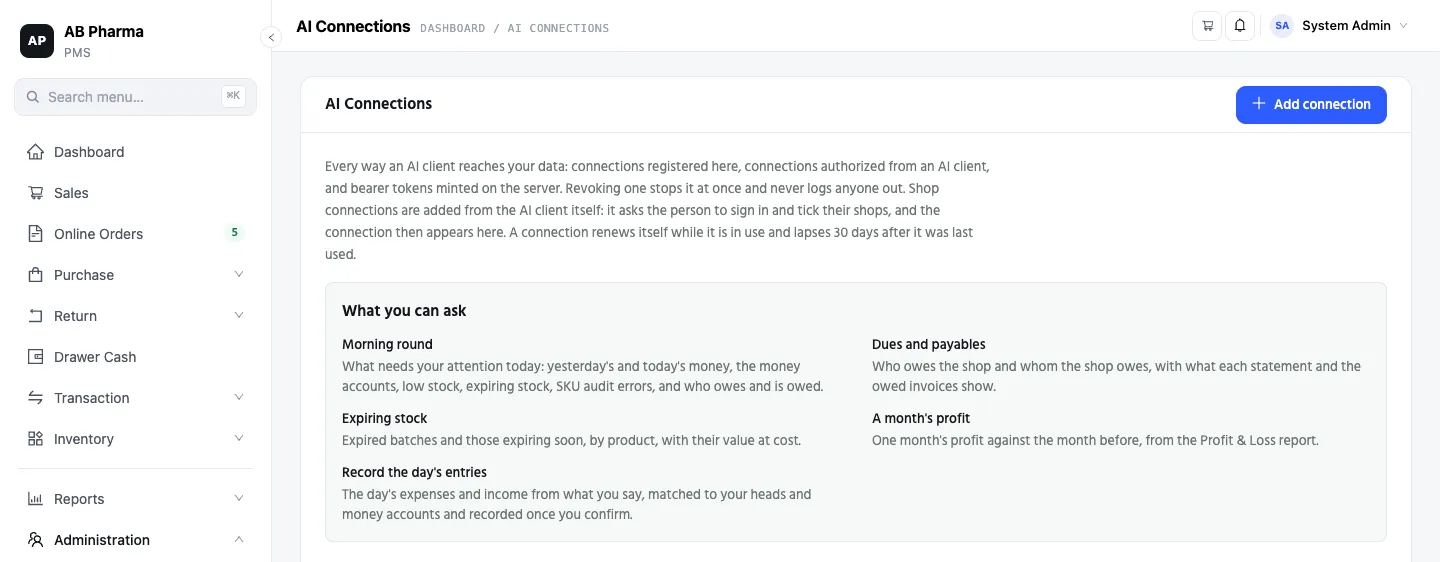 The AI Connections screen, with the topics a role can ask under “What you can ask”