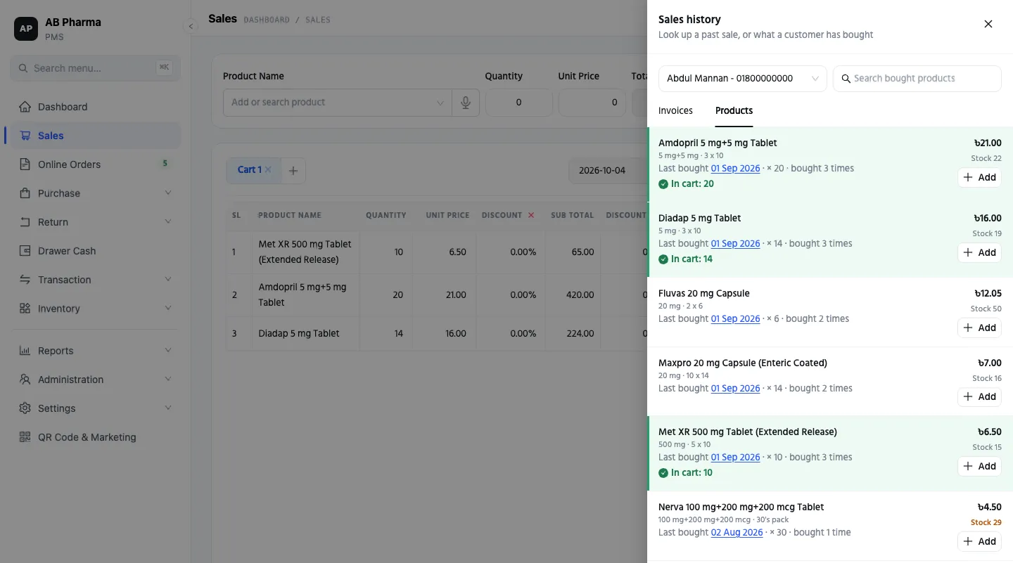 The sale screen with the Sales history drawer open on a customer's Products tab: six medicines they have bought, three already added to the cart
